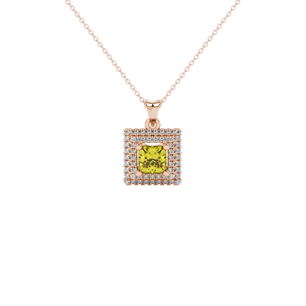 Princess-cut canary yellow gemstone pendant surrounded by a brilliant diamond falling edge halo in rose gold.