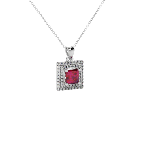 Close-up details of a princess-cut raspberry red gemstone secured in a white gold diamond falling edge halo pendant