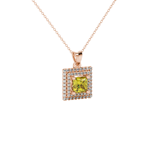 close-up shot of a princess-cut canary yellow gemstone pendant with a rose gold falling edge diamond halo.