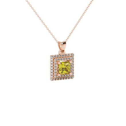 close-up shot of a princess-cut canary yellow gemstone pendant with a rose gold falling edge diamond halo.