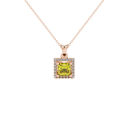 Princess canary yellow gemstone pendant, rose gold french pavé halo.
