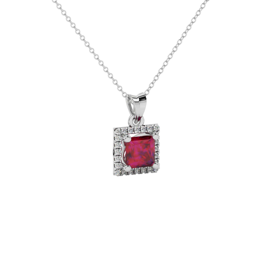 Close-up raspberry red gemstone, Pendant white gold pavé halo.