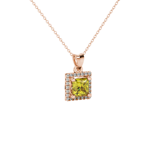 Close-up, princess canary yellow gemstone pendant, rose gold pavé setting.