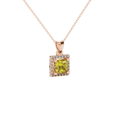 Close-up, princess canary yellow gemstone pendant, rose gold pavé setting.