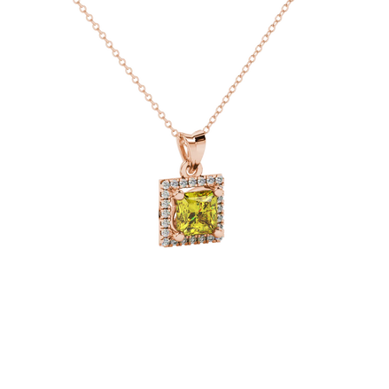 Close-up, princess canary yellow gemstone pendant, rose gold pavé setting.