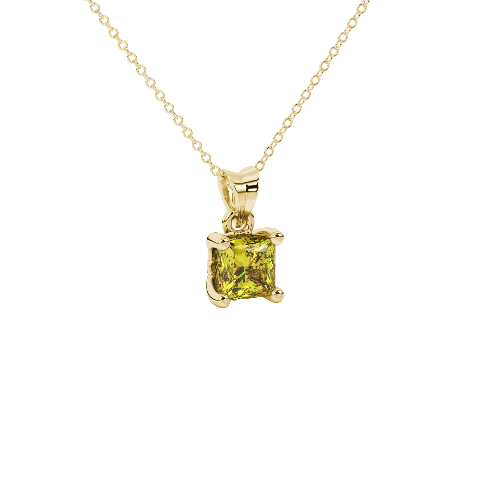 Princess canary yellow gemstone pendant, yellow gold lotus basket setting.