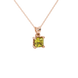 Close-up, princess canary yellow gemstone pendant, rose gold lotus setting.