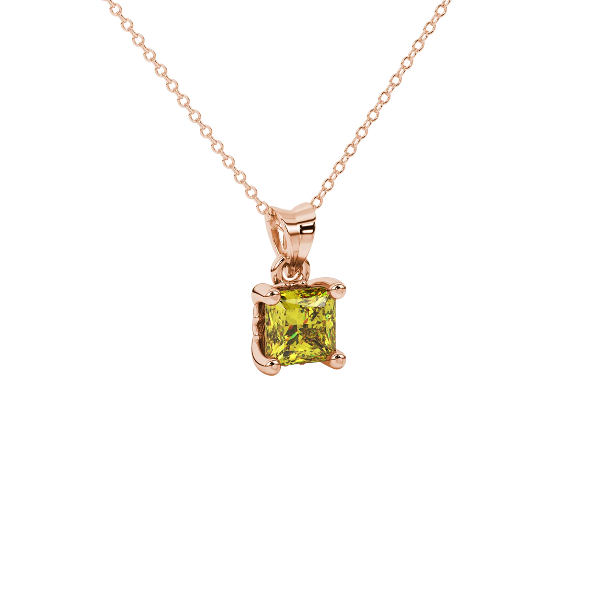 Close-up, princess canary yellow gemstone pendant, rose gold lotus setting.