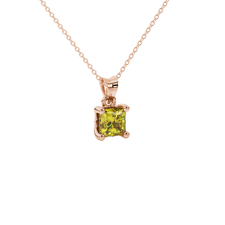 Close-up, princess canary yellow gemstone pendant, rose gold lotus setting.