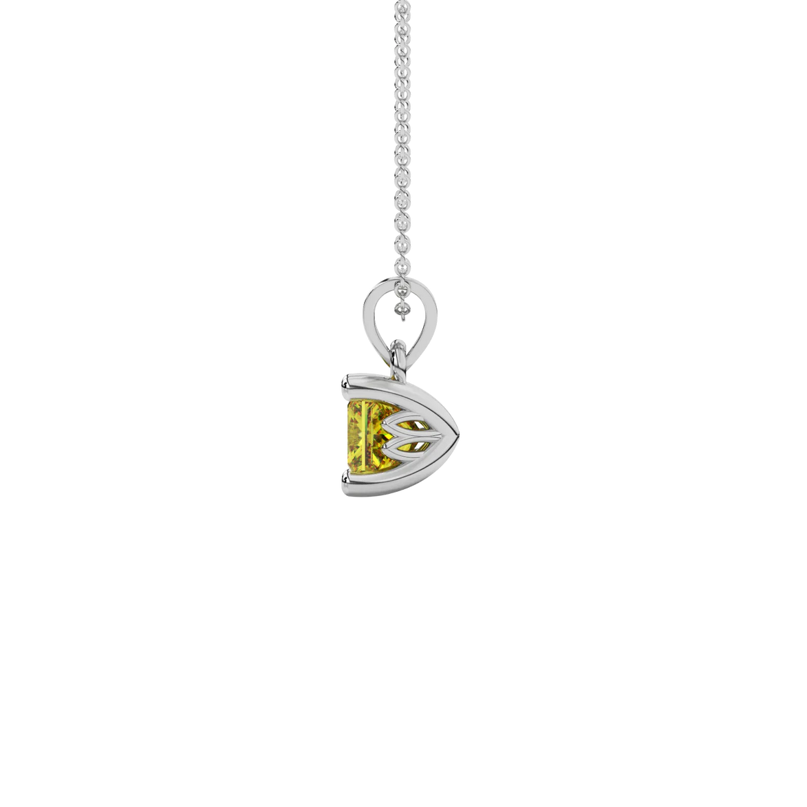 Side profile, white gold canary yellow pendant, lotus basket gallery.