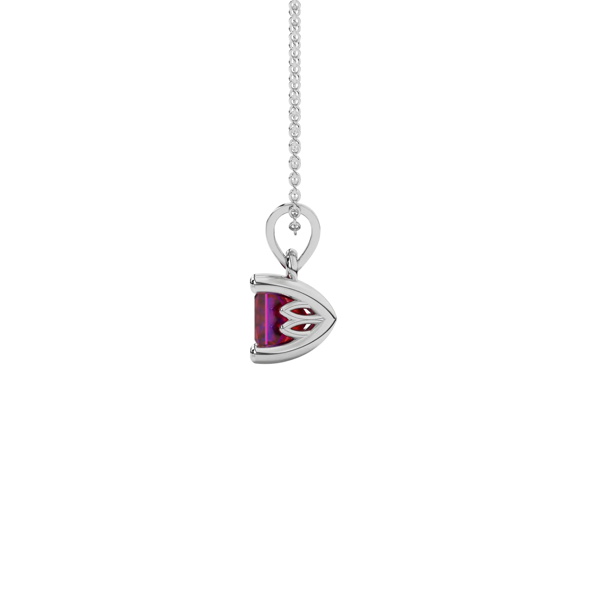 Side profile, white gold raspberry red pendant, lotus basket gallery.