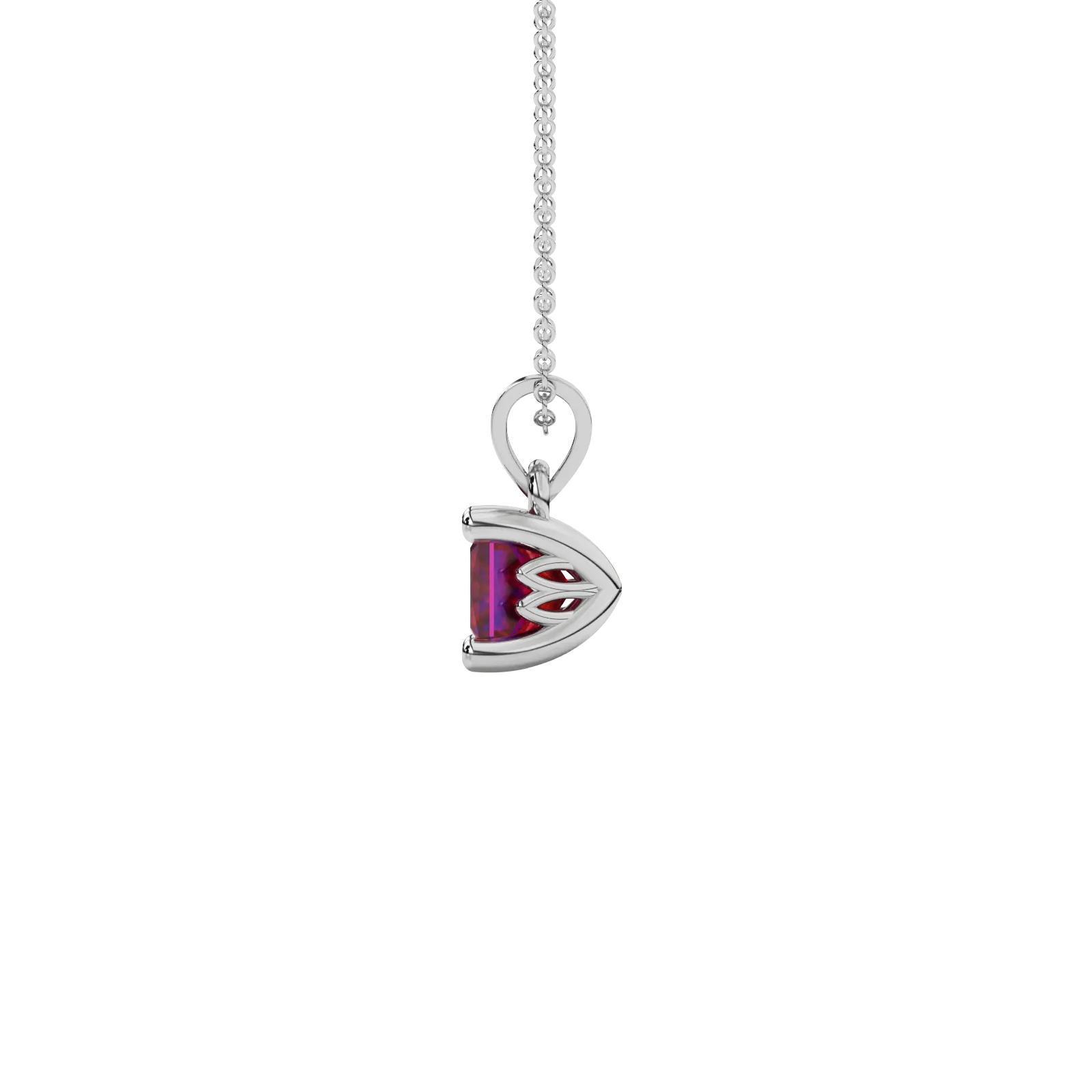 Side profile, white gold raspberry red pendant, lotus basket gallery.