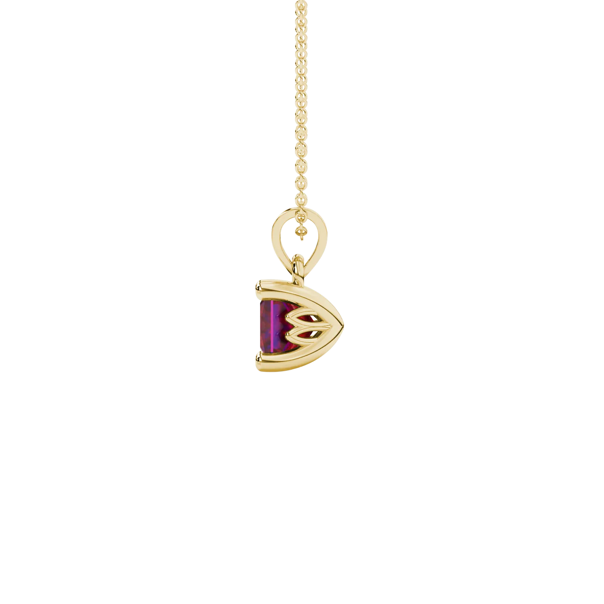 Side profile, yellow gold raspberry red pendant, lotus basket gallery.