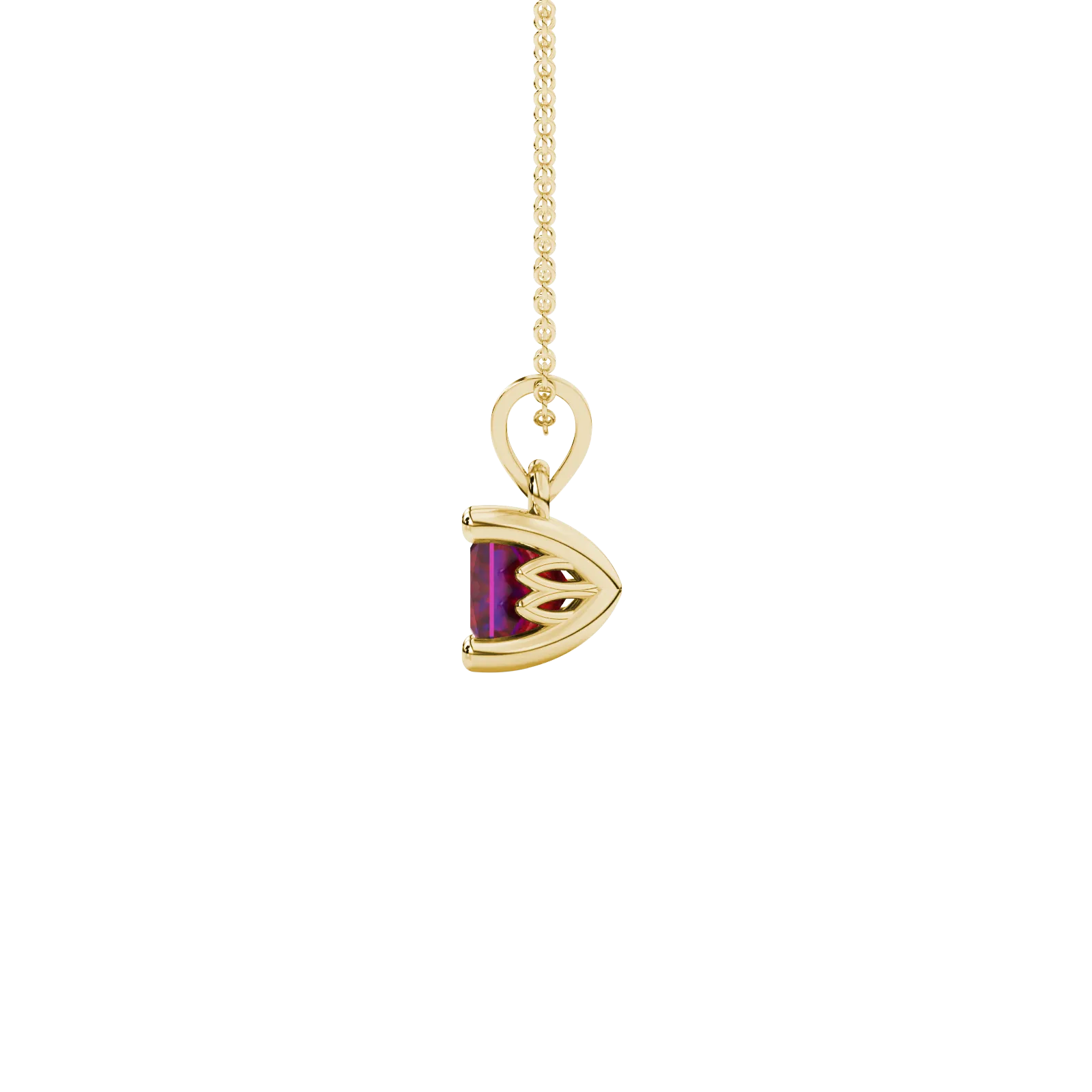 Side profile, yellow gold raspberry red pendant, lotus basket gallery.