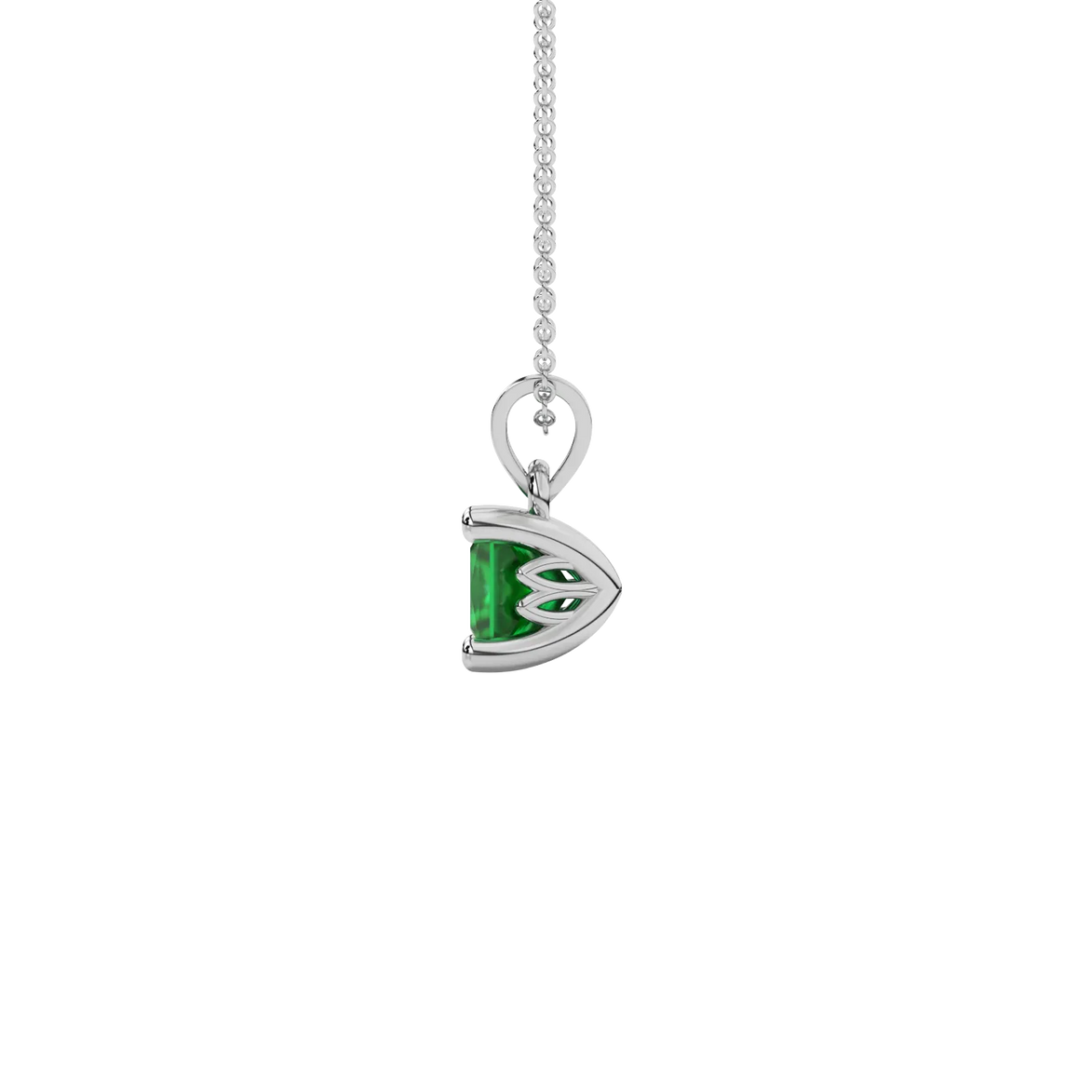 Side profile, white gold emerald green pendant, lotus basket gallery.