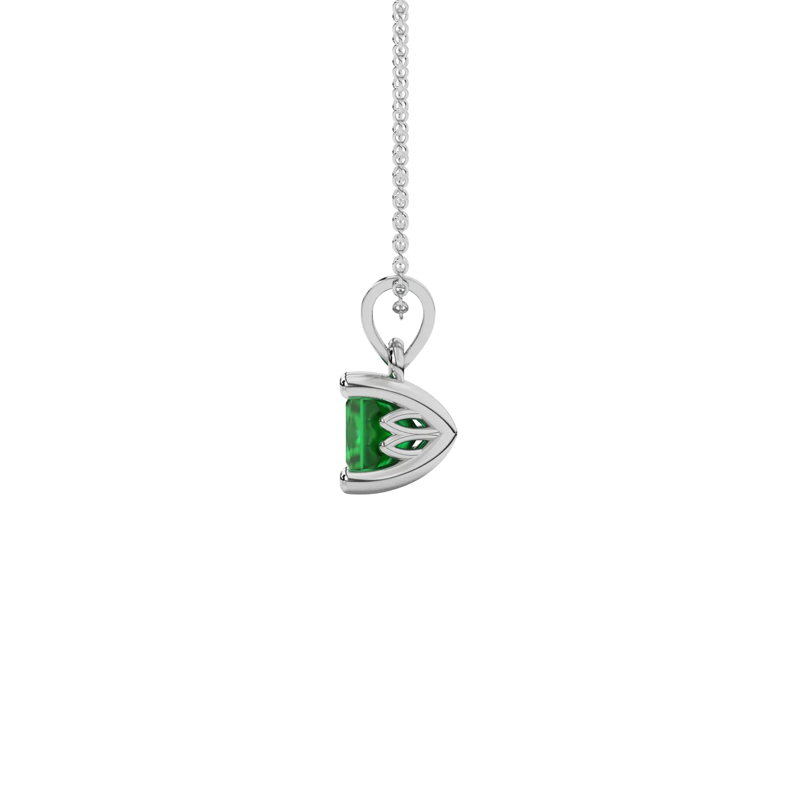 Side profile, white gold emerald green pendant, lotus basket gallery.