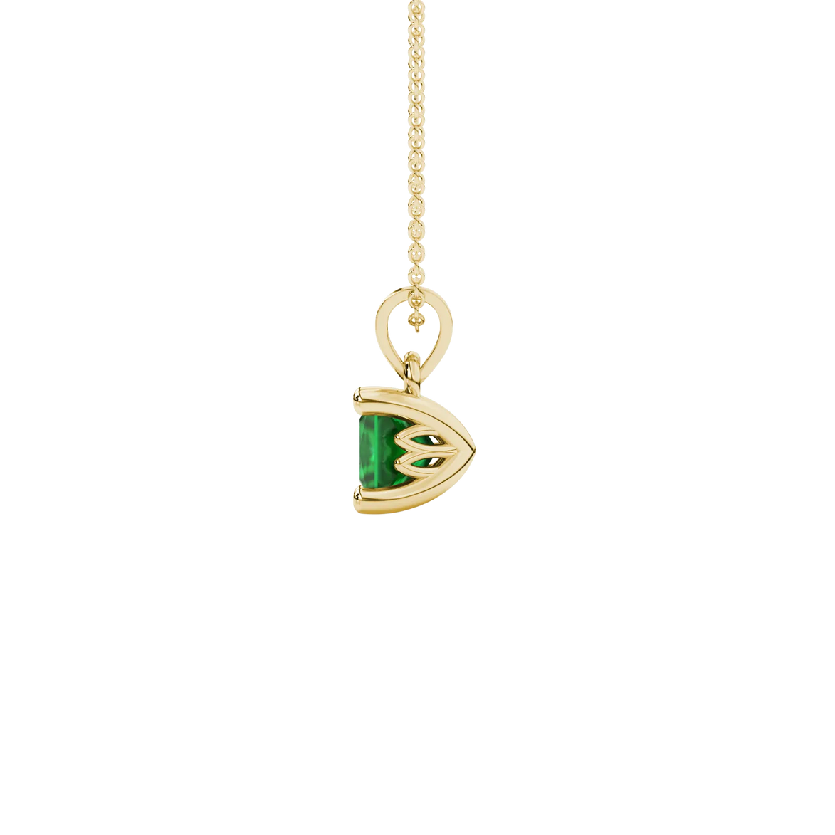 Side profile, yellow gold emerald green pendant, lotus basket gallery.