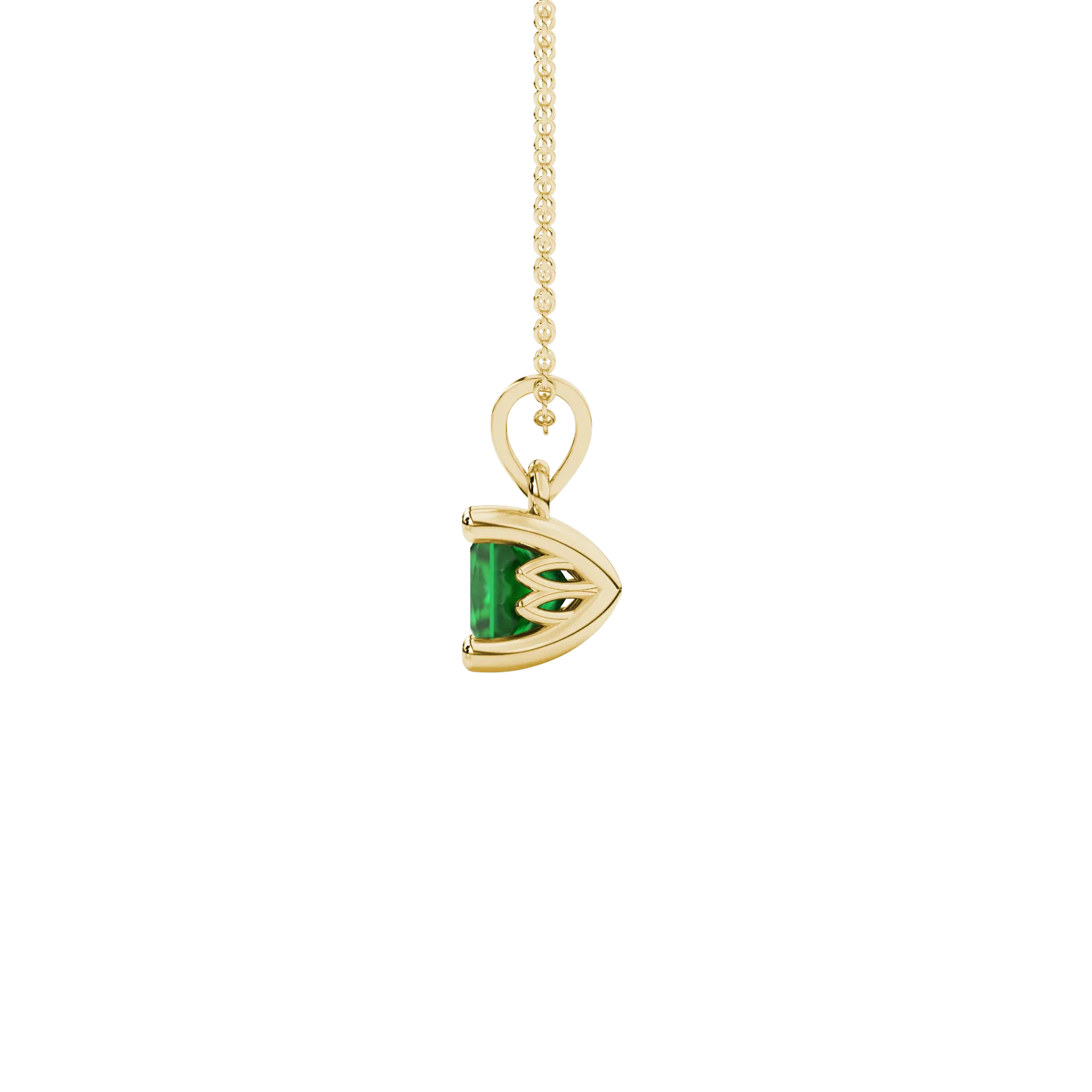 Side profile, yellow gold emerald green pendant, lotus basket gallery.