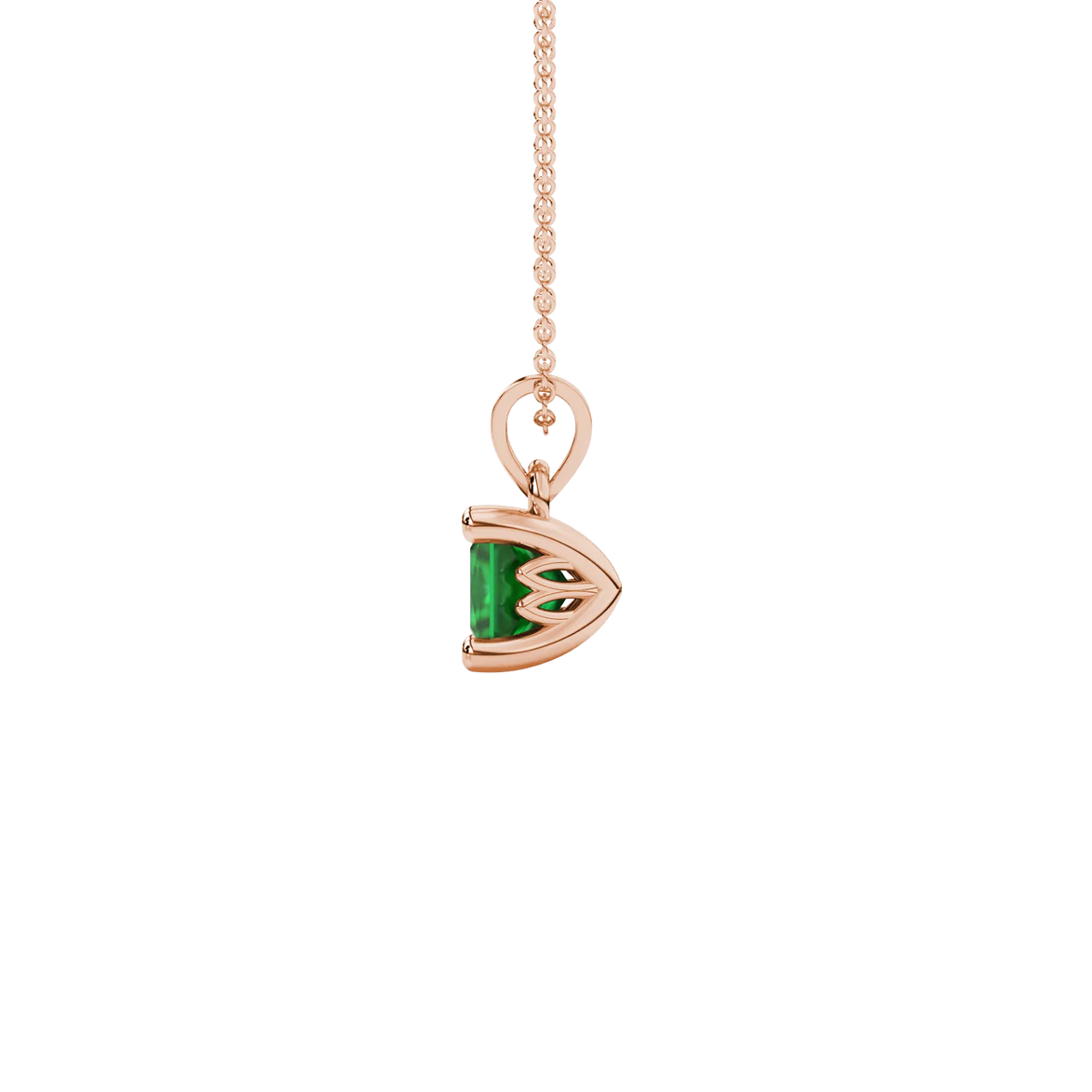 Side profile, rose gold emerald green pendant, lotus basket gallery.