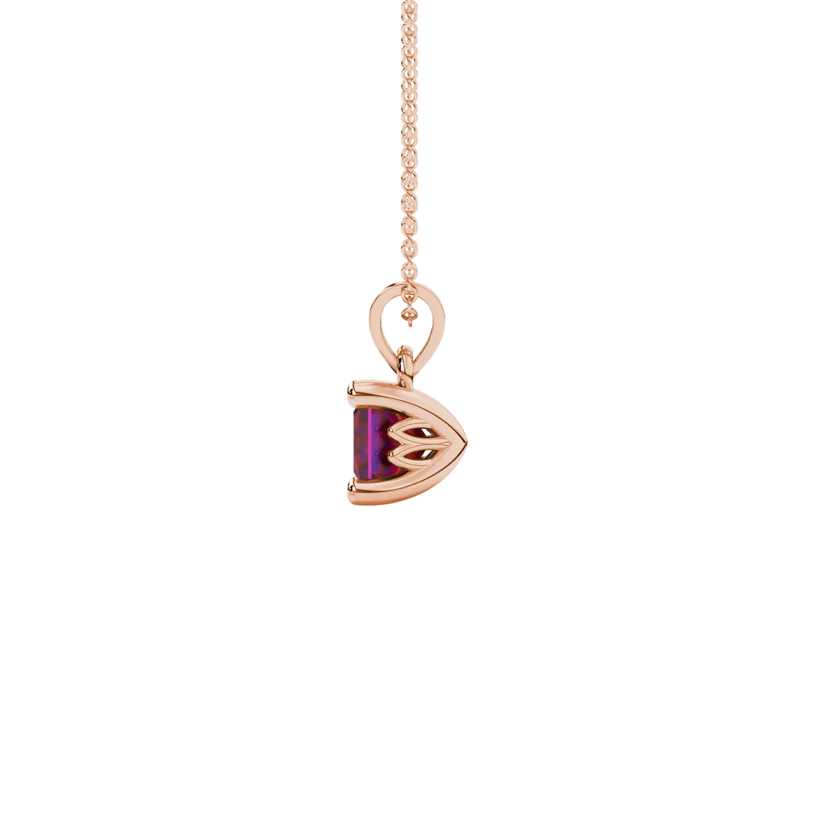 Side profile, rose gold raspberry red pendant, lotus basket gallery.