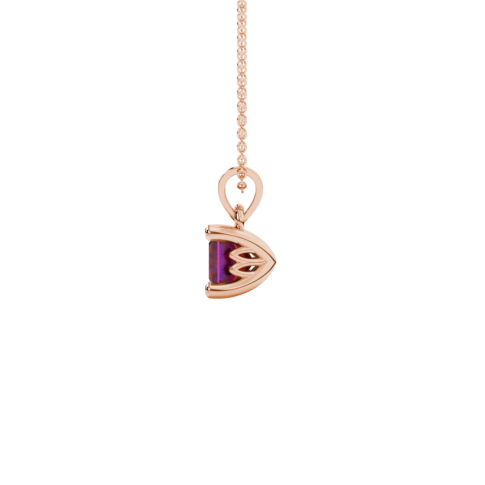 Side profile, rose gold raspberry red pendant, lotus basket gallery.