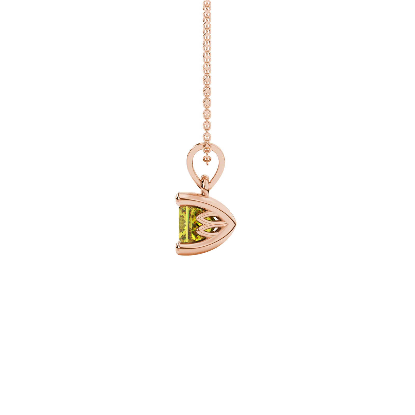 Side profile, rose gold canary yellow pendant, lotus basket gallery.
