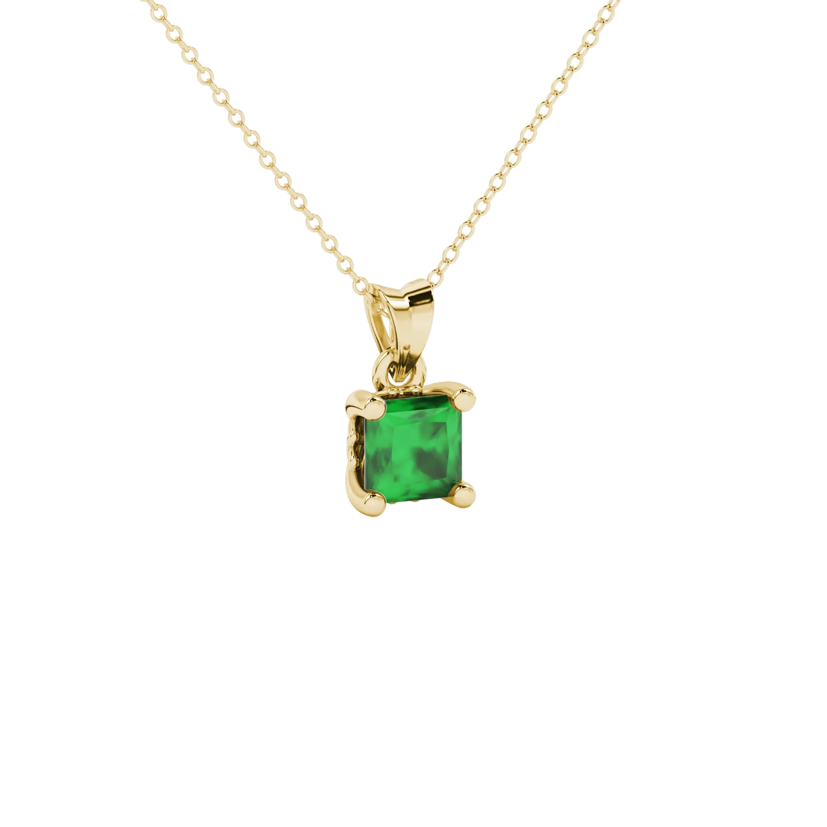 Princess emerald green gemstone pendant, yellow gold lotus basket setting.