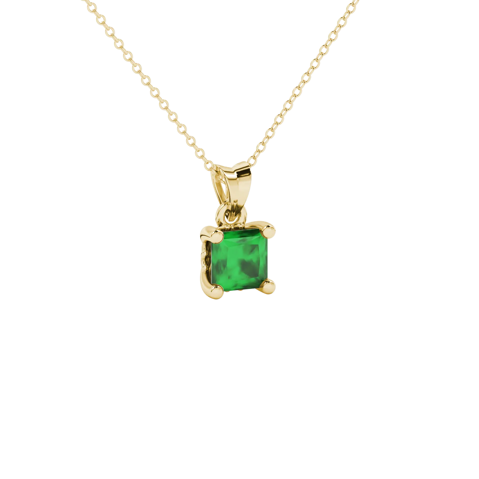 Princess emerald green gemstone pendant, yellow gold lotus basket setting.