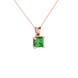 Close-up, princess emerald green gemstone pendant, rose gold lotus setting.