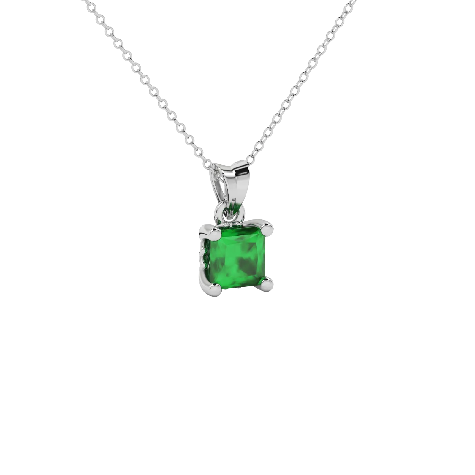 Princess emerald green gemstone pendant, white gold lotus basket setting.