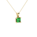 Close-up, princess emerald green gemstone, yellow gold lotus pendant.