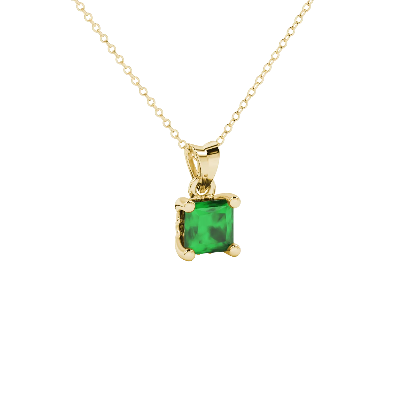 Close-up, princess emerald green gemstone, yellow gold lotus pendant.