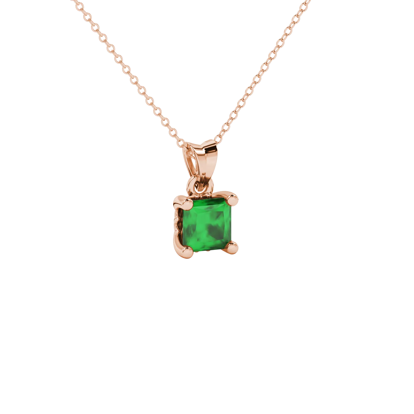 Princess emerald green gemstone pendant, rose gold lotus basket setting.