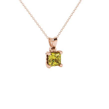 Princess canary yellow gemstone pendant, rose gold lotus basket setting.