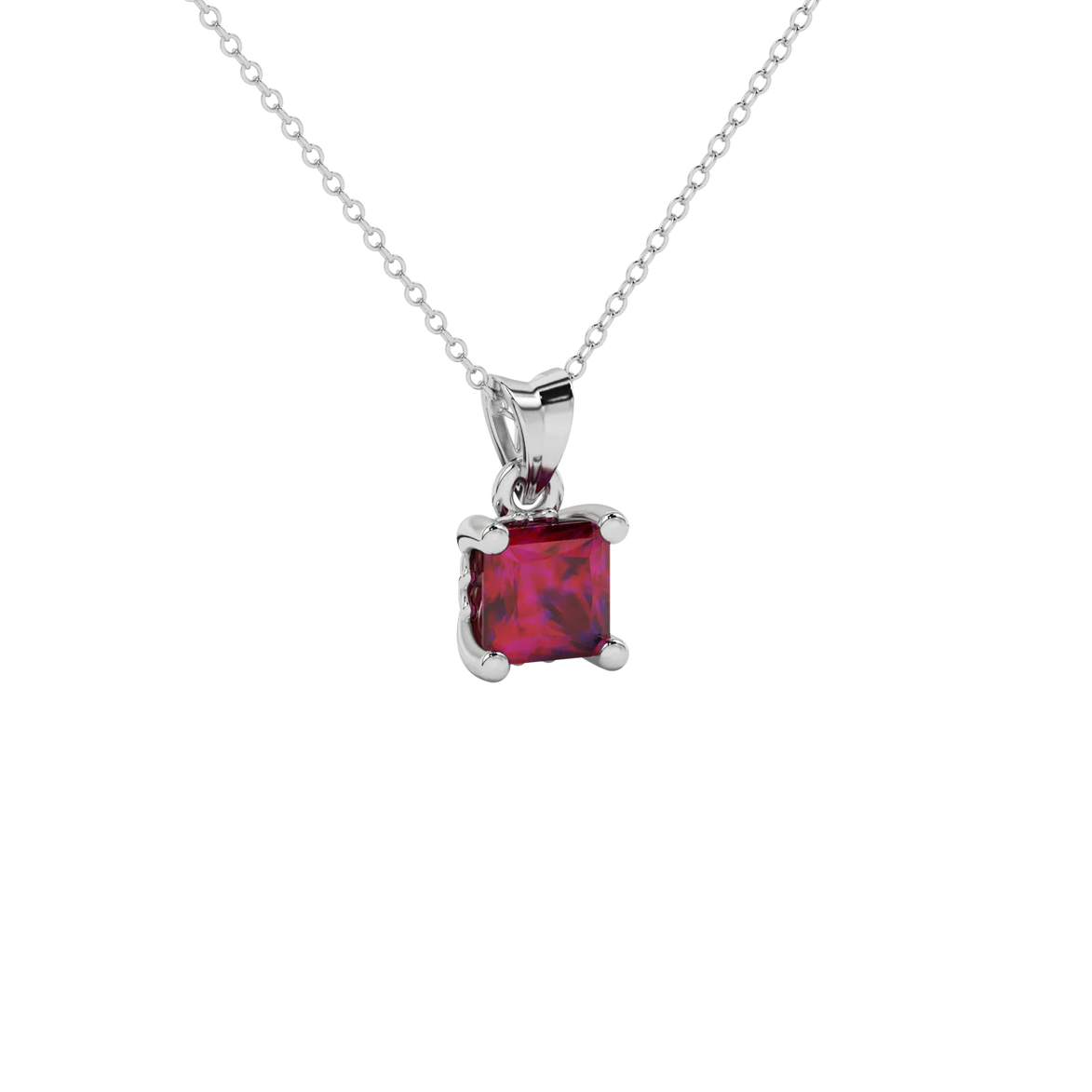 Close-up raspberry red gemstone, white gold lotus setting.