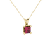 Princess raspberry red gemstone pendant, yellow gold lotus basket setting.