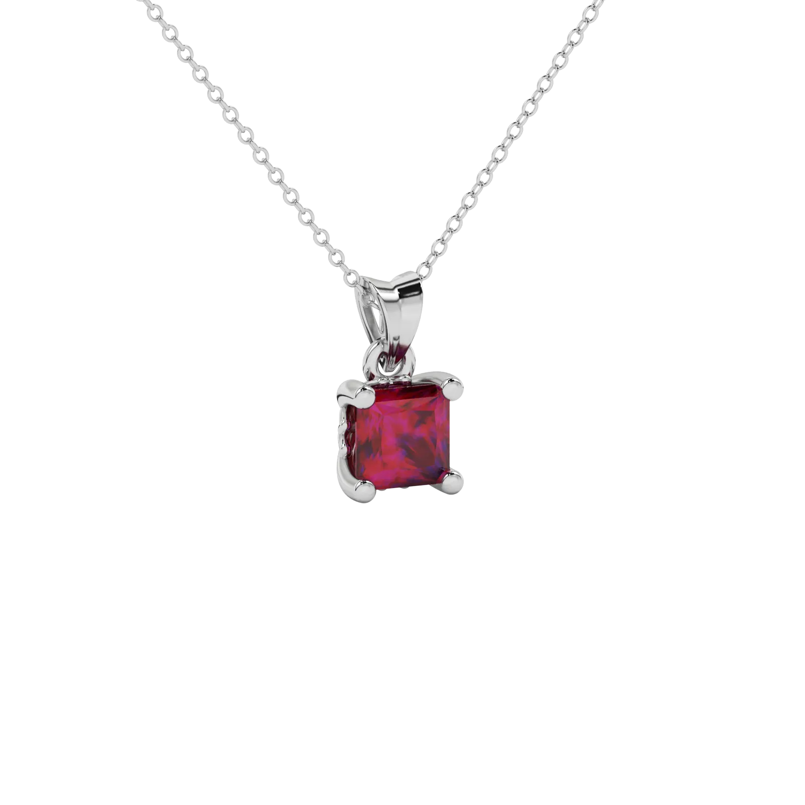 Princess raspberry red gemstone pendant, white gold lotus basket setting.