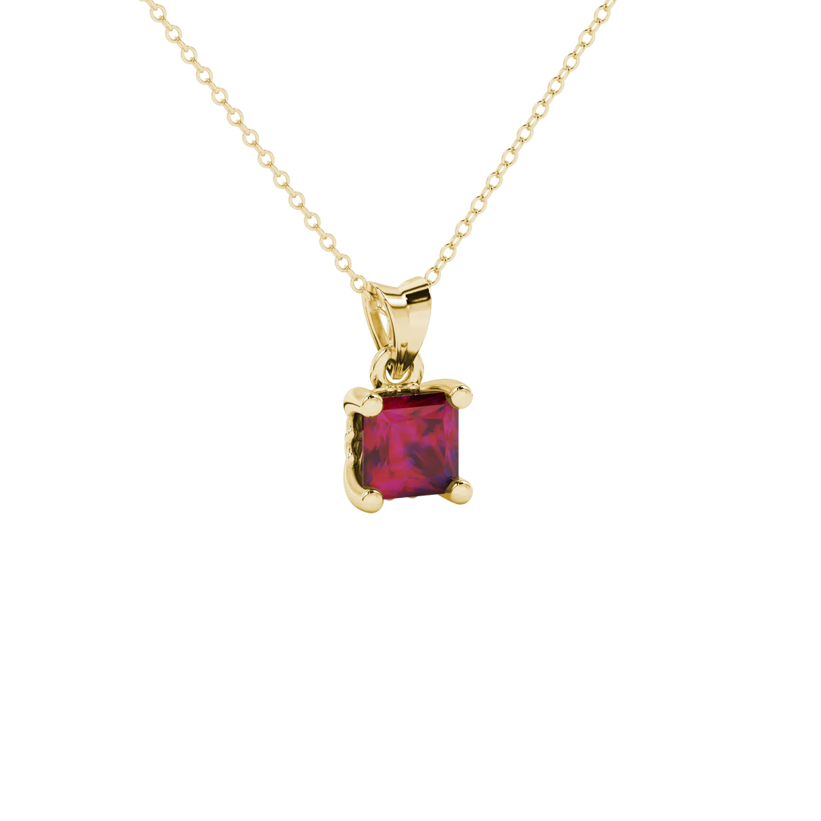 Close-up, princess raspberry red gemstone, yellow gold lotus pendant.