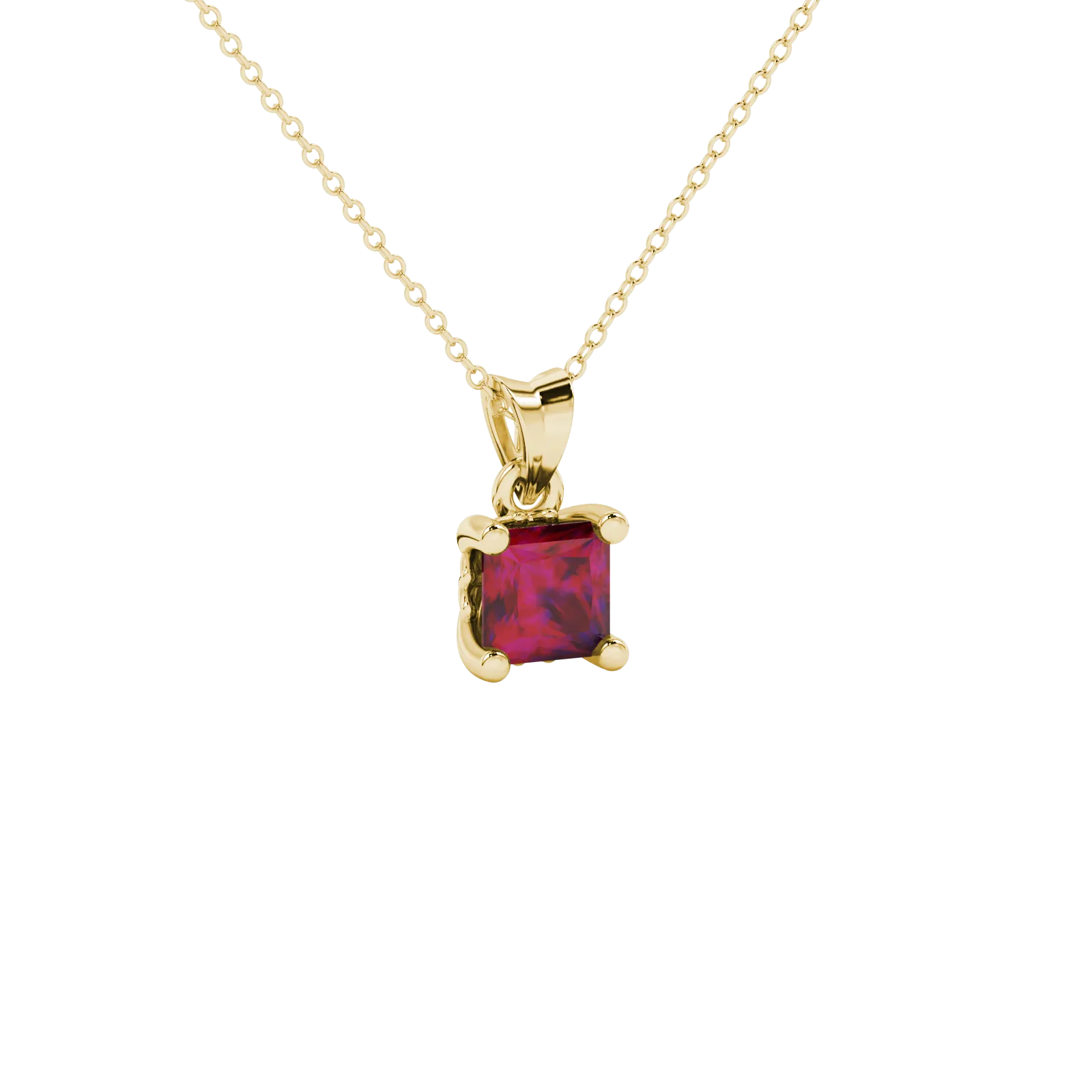 Close-up, princess raspberry red gemstone, yellow gold lotus pendant.