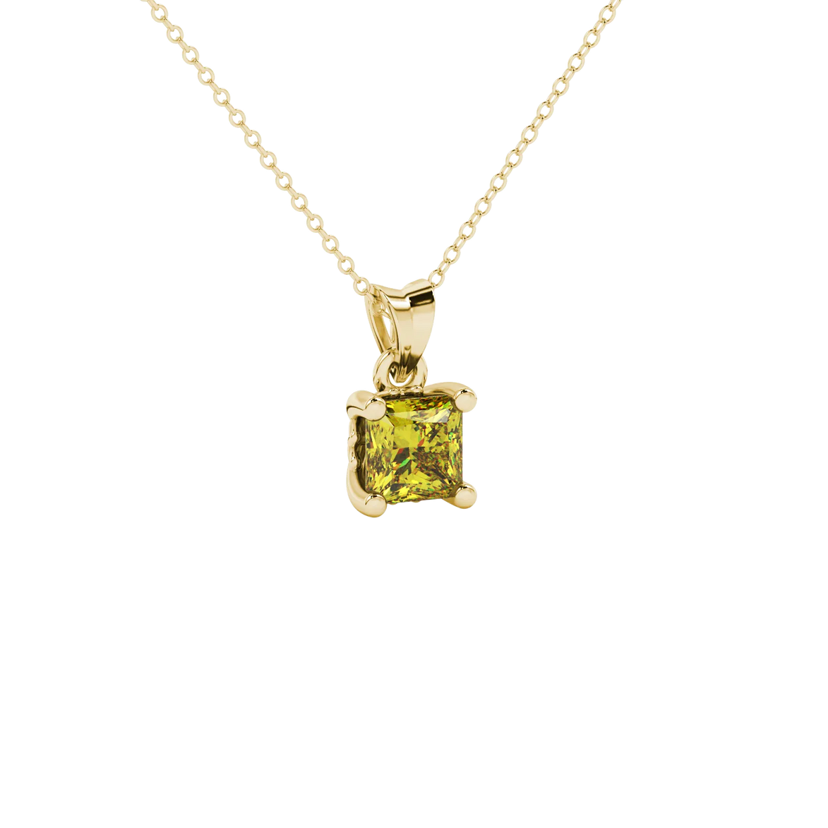 Close-up, princess canary yellow gemstone, yellow gold lotus pendant.