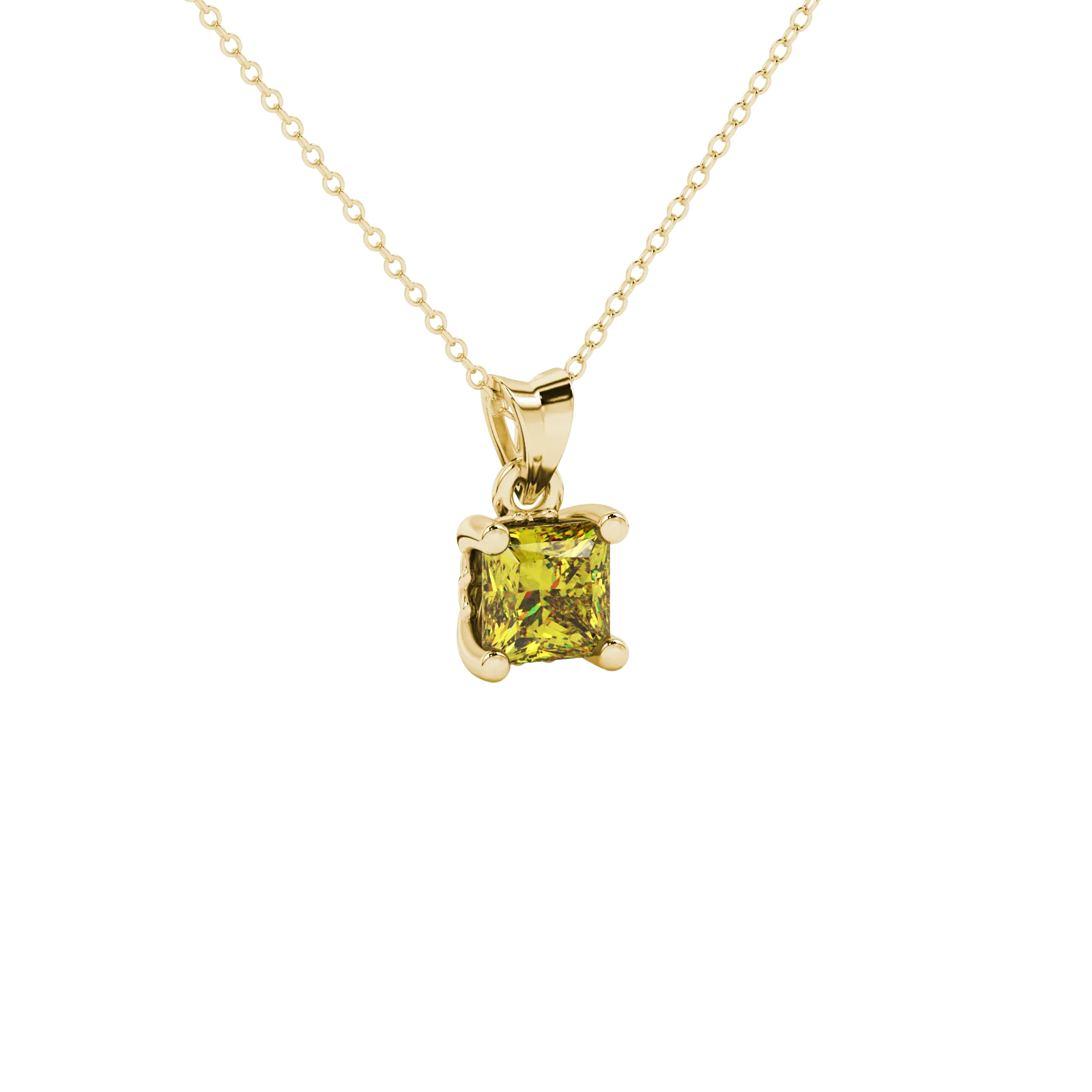 Close-up, princess canary yellow gemstone, yellow gold lotus pendant.