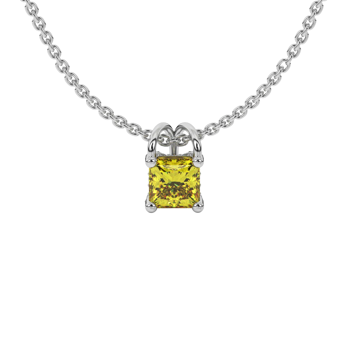 Princess canary yellow gemstone pendant, white gold pavé basket halo.