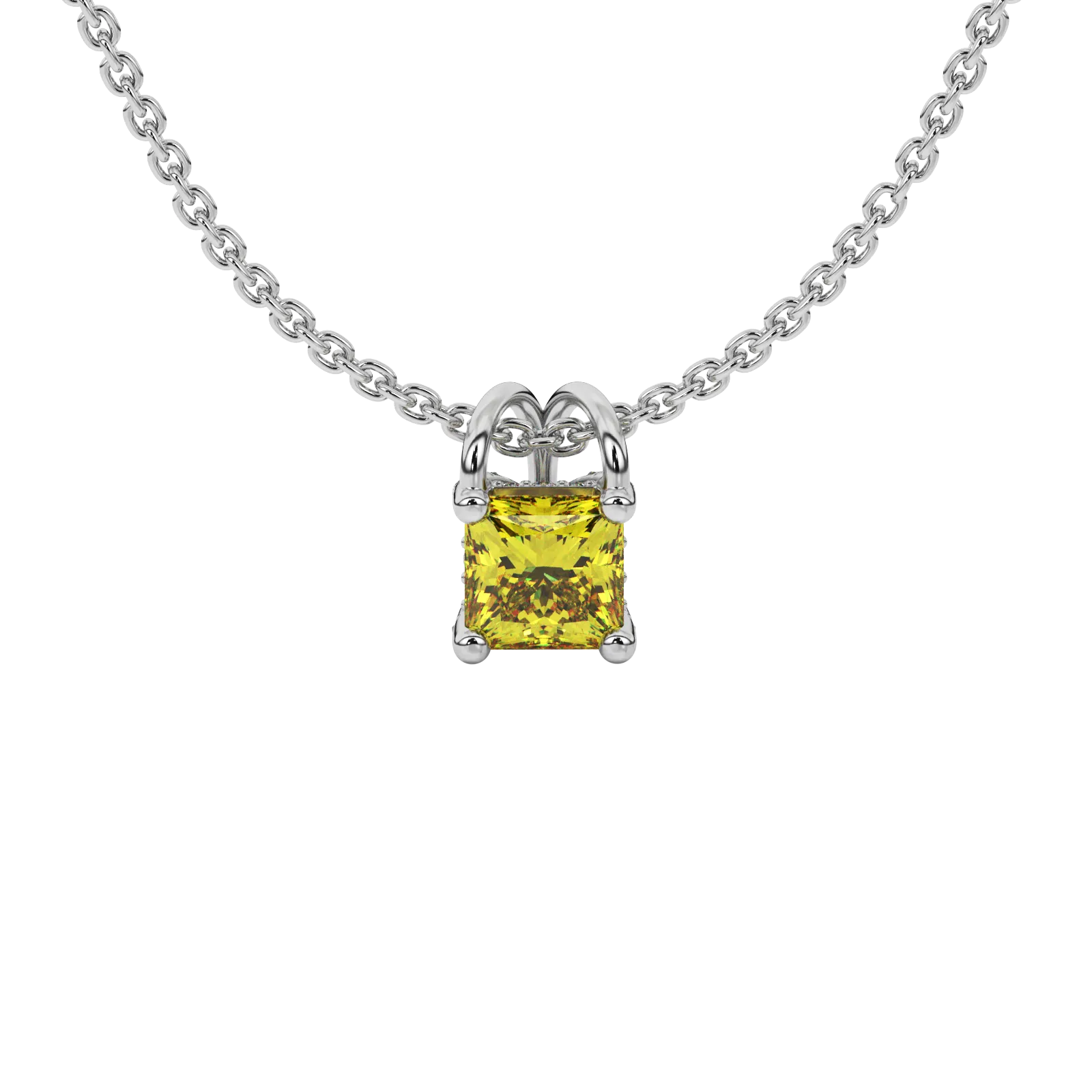 Princess canary yellow gemstone pendant, white gold pavé basket halo.