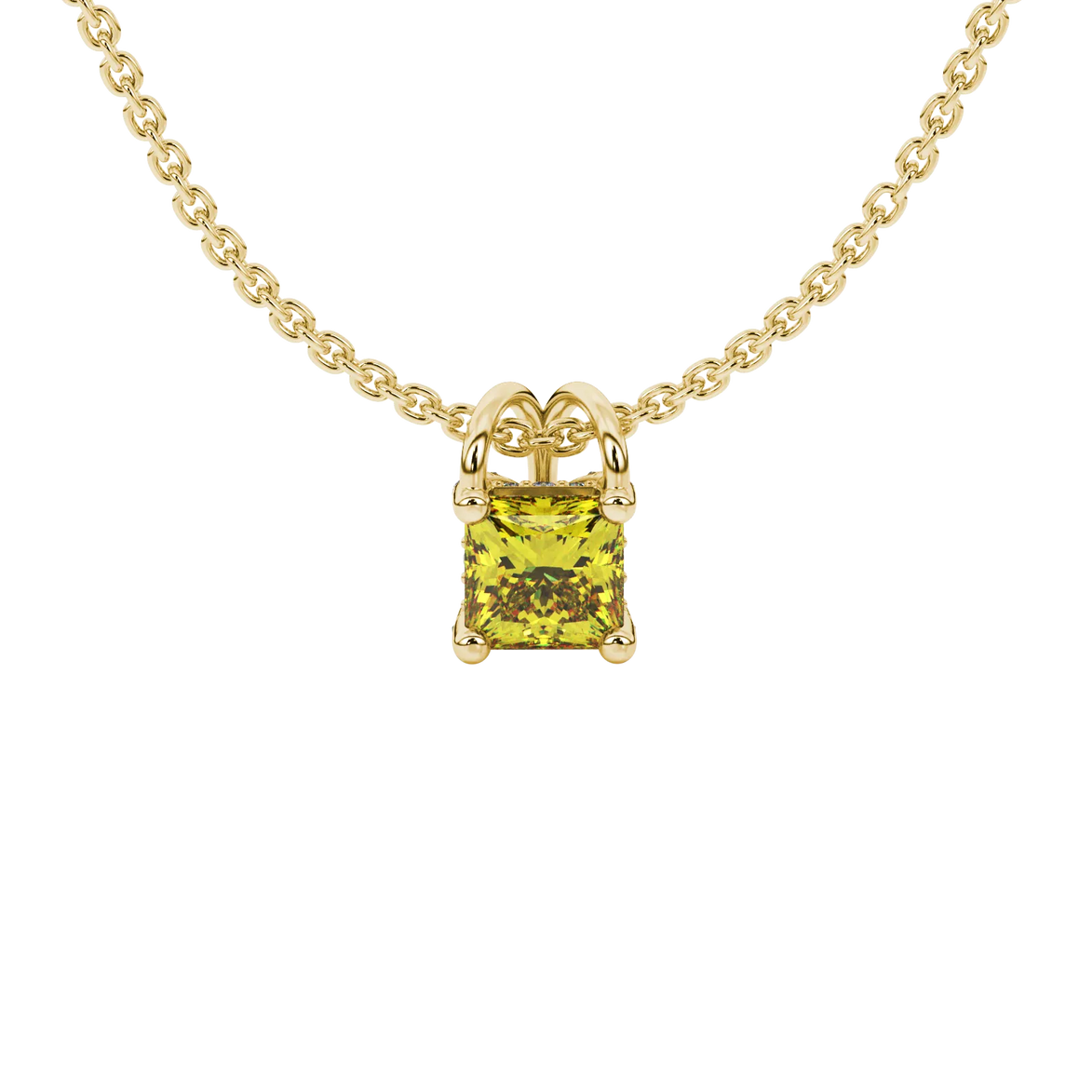 Princess canary yellow gemstone pendant, yellow gold pavé basket halo.
