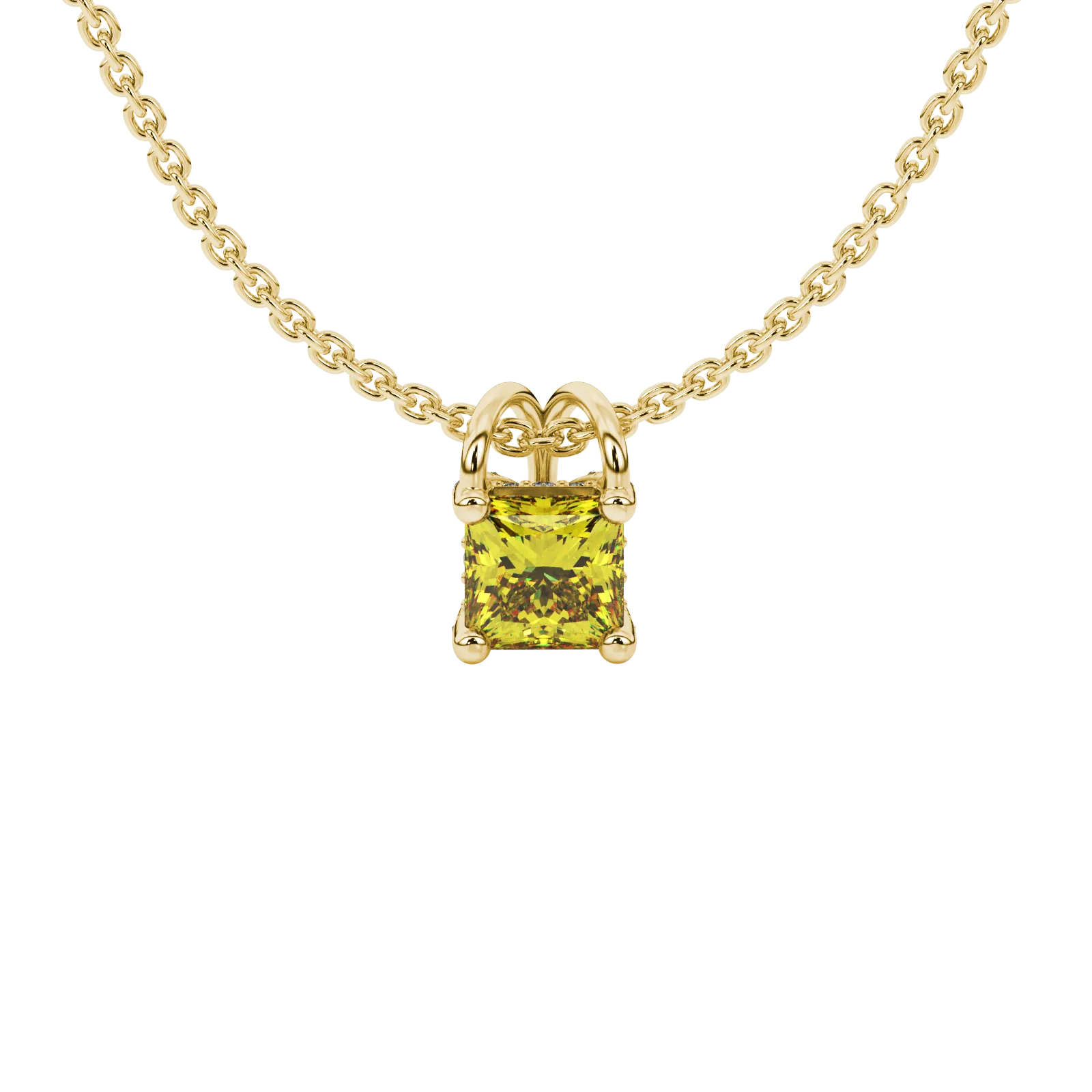 Princess canary yellow gemstone pendant, yellow gold pavé basket halo.
