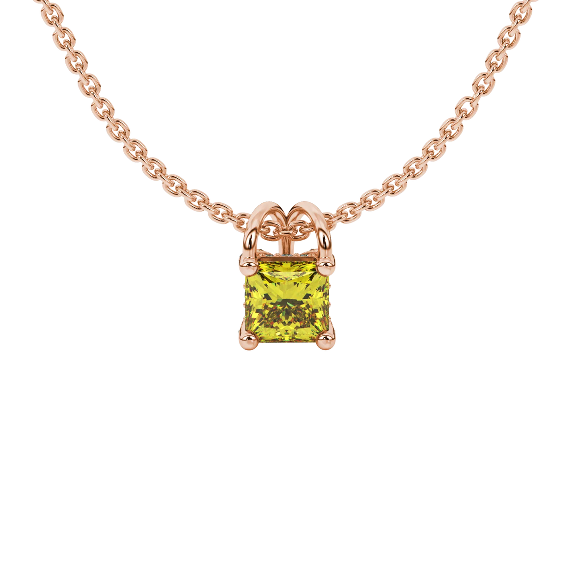 Princess canary yellow gemstone pendant, rose gold pavé basket halo.