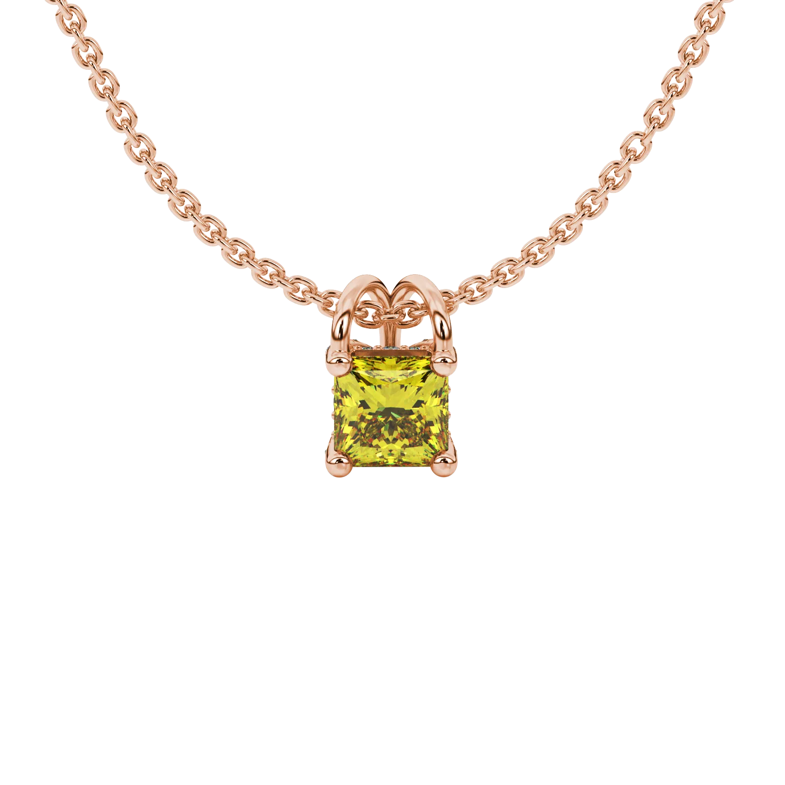 Princess canary yellow gemstone pendant, rose gold pavé basket halo.