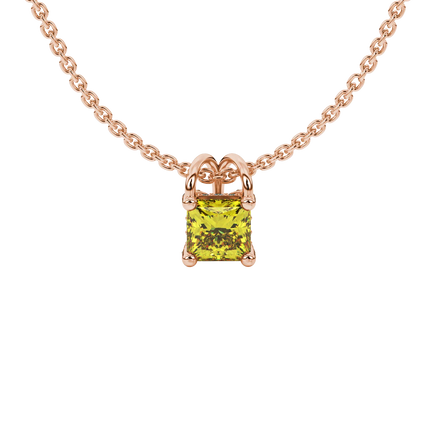 Princess canary yellow gemstone pendant, rose gold pavé basket halo.