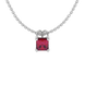 Princess raspberry red gemstone pendant, white gold pavé basket halo.