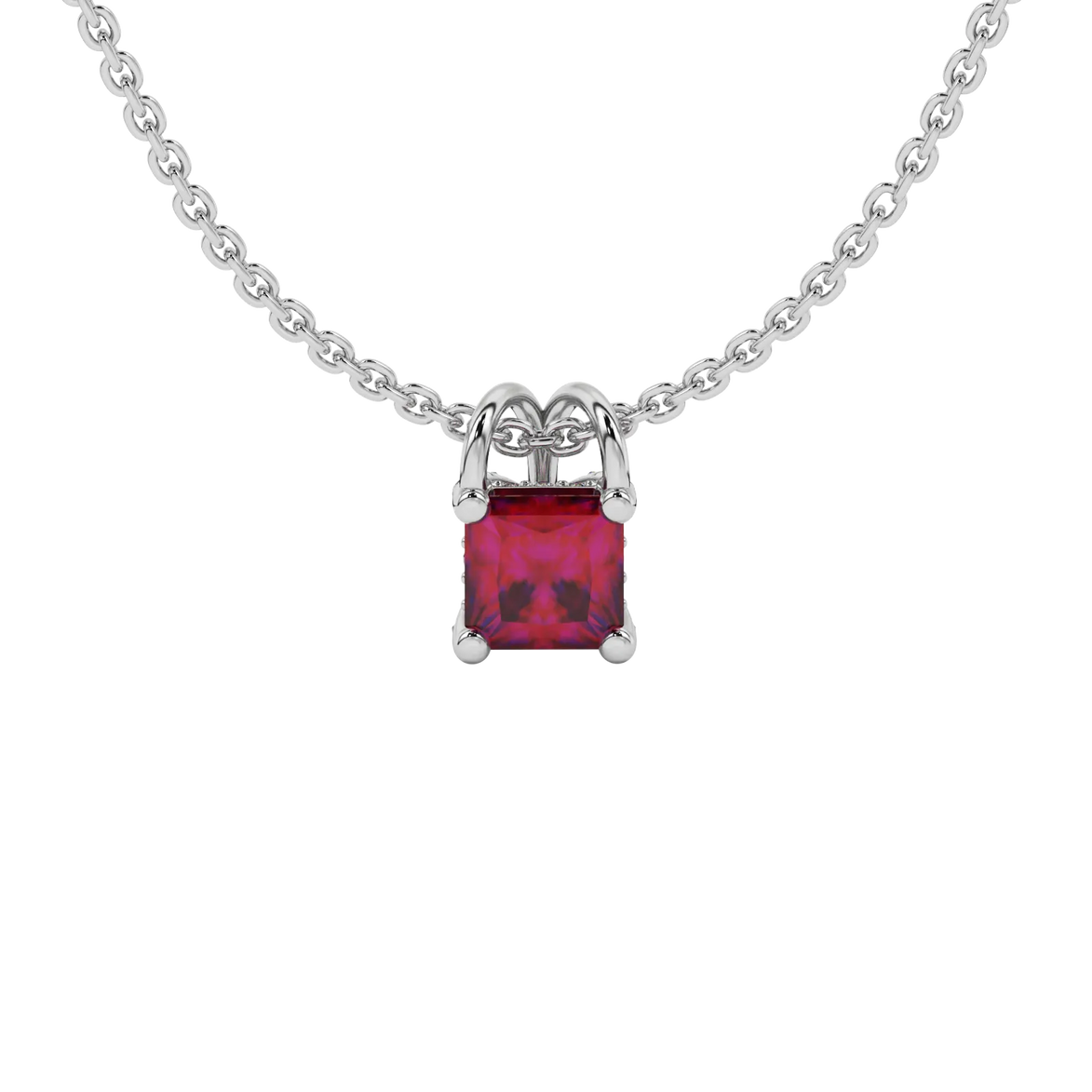 Princess raspberry red gemstone pendant, white gold pavé basket halo.